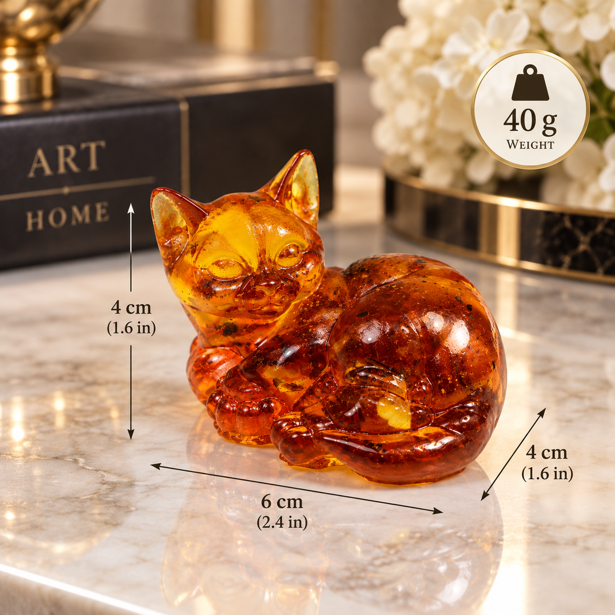Made in USA Natural Baltic Amber Curled Cat Figurine by KIZIMA® — handmade amber cat sculpture, close-up