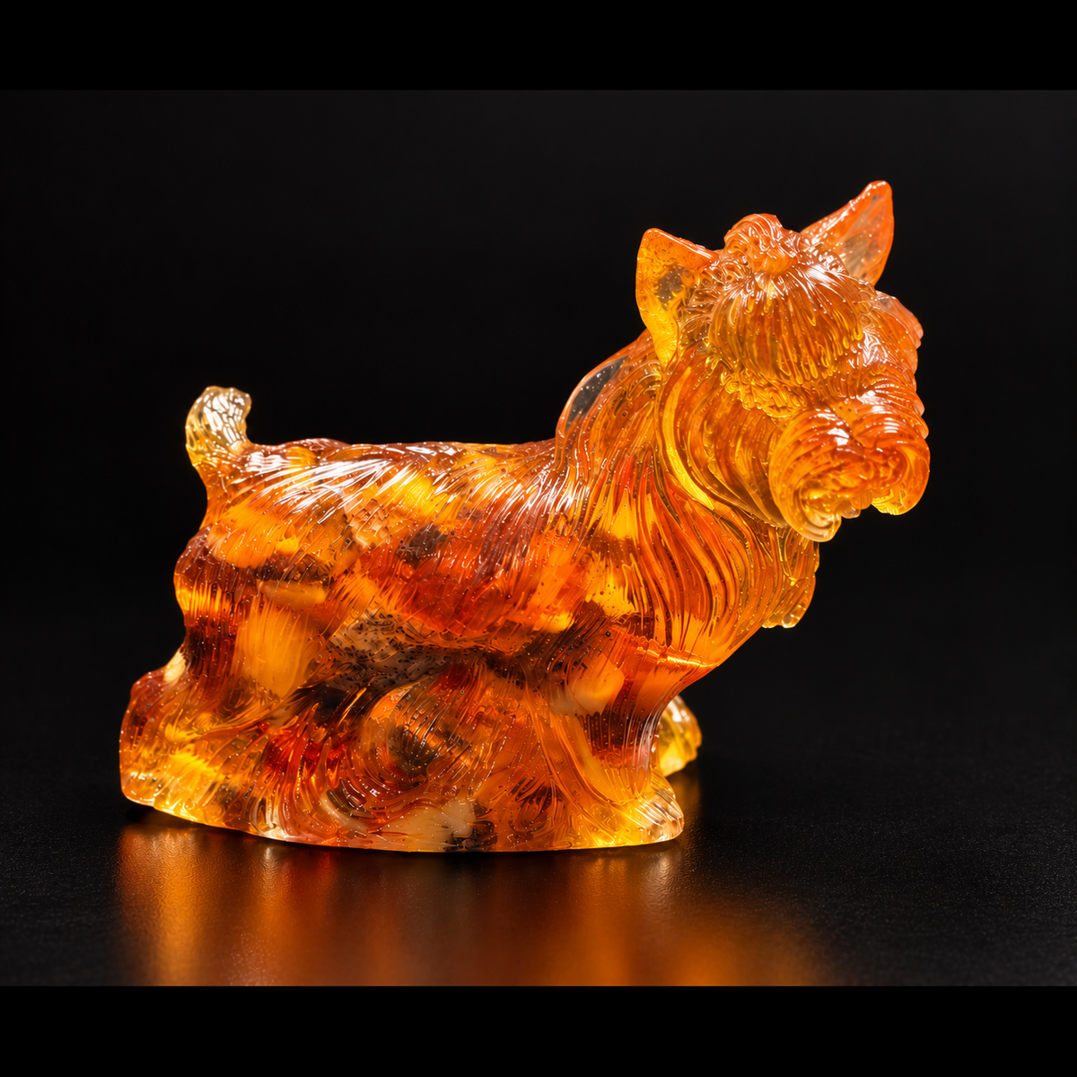 Made in USA natural Baltic amber Scottish Terrier figurine, standing Scottie with pricked ears and beard glowing honey-cognac on black studio background — KIZIMA® Brooklyn NY