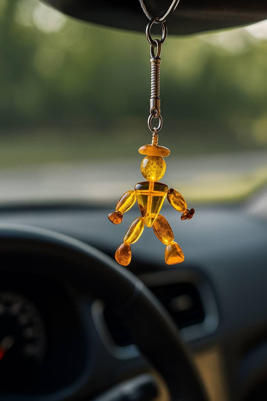 Handmade Amber Keychain – Natural Baltic Amber Man-Shaped Charm – Car Accessory or Gift for Men – Protective Amulet
