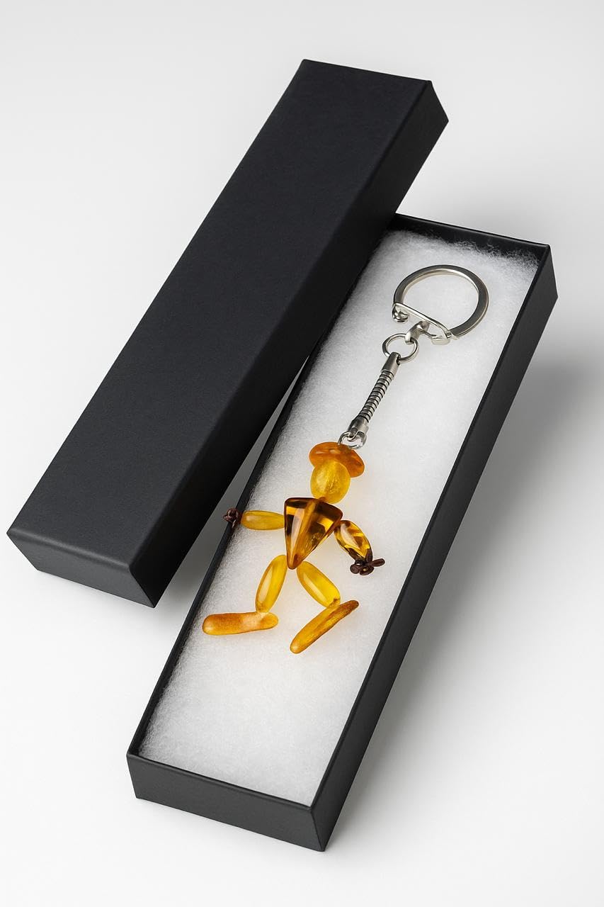 Handmade Amber Keychain – Natural Baltic Amber Man-Shaped Charm – Car Accessory or Gift for Men – Protective Amulet