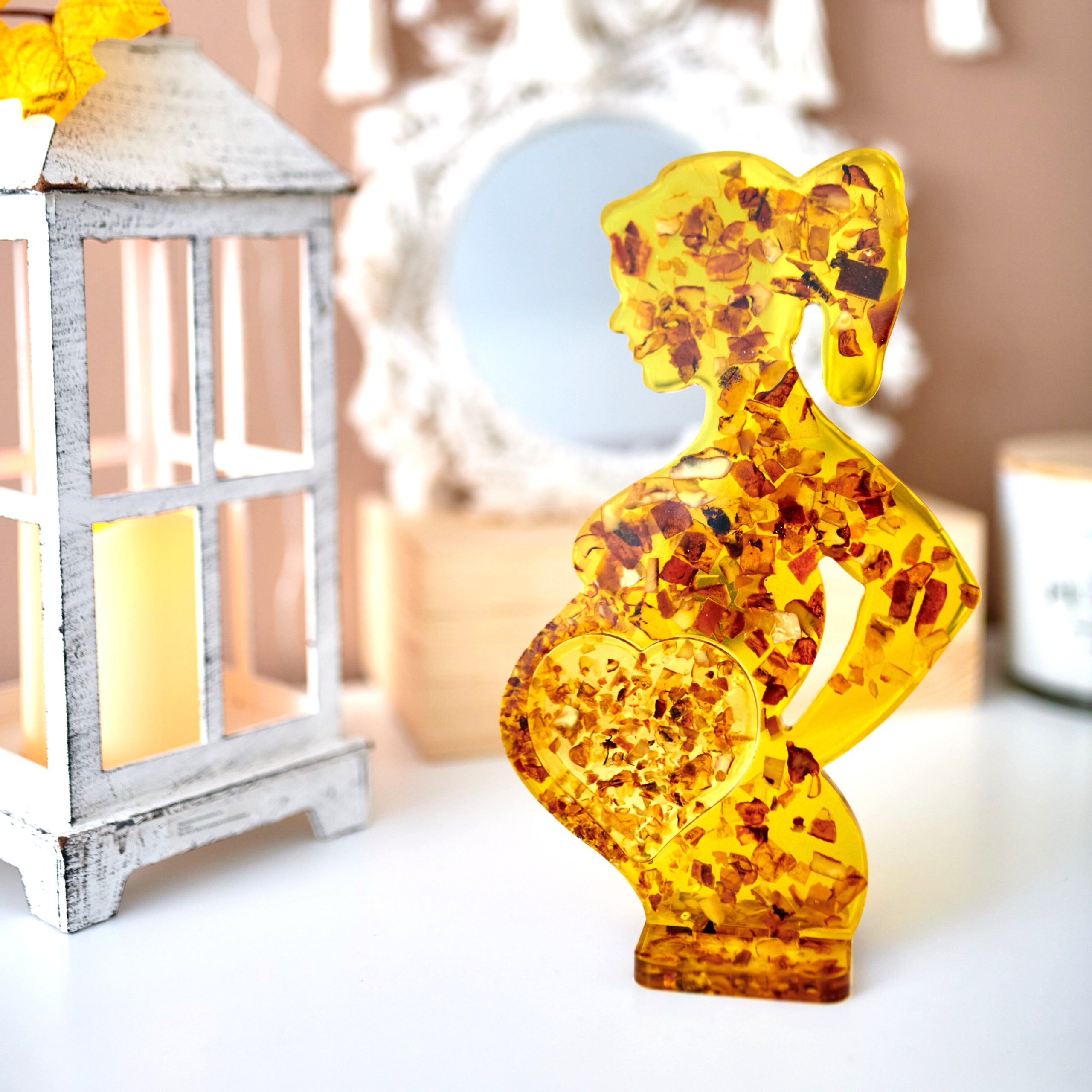 Amber Pregnant Woman Figurine – Natural Baltic Amber & Jewelry Resin | Handmade Pregnancy Gift, Symbol of Love & New Life by KIZIMA USA