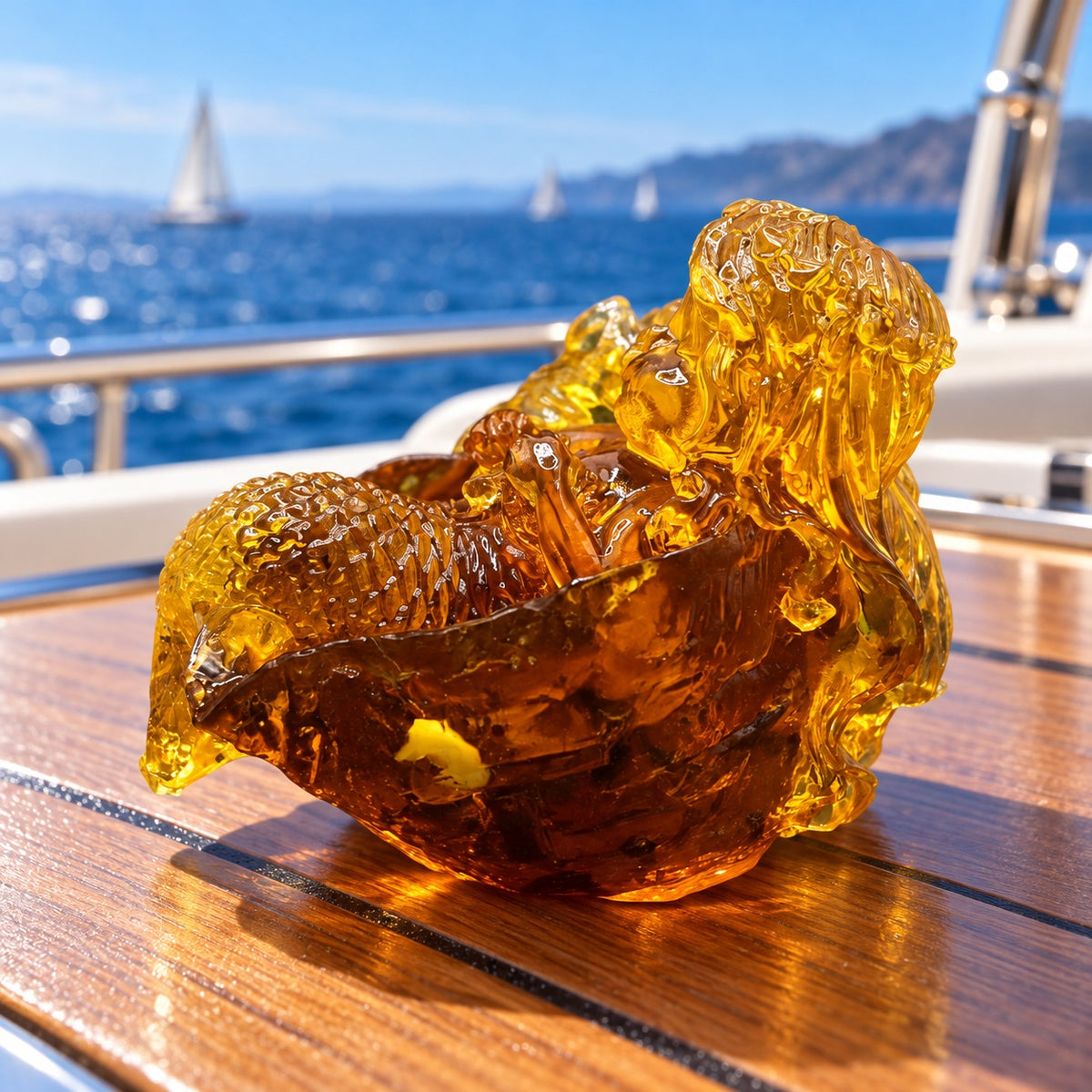 KIZIMA Mini mermaid in shell 53A002q30 on a teak yacht table with blue sea in the background.