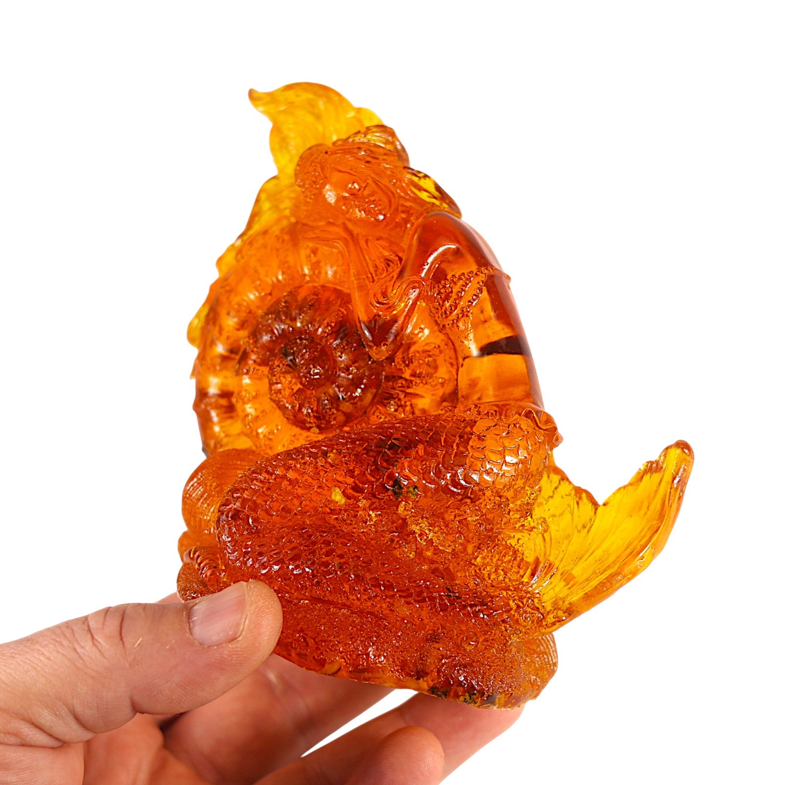 Unique Mermaid with Shell — Natural Baltic Amber Figurine | Handmade by KIZIMA, Brooklyn NY