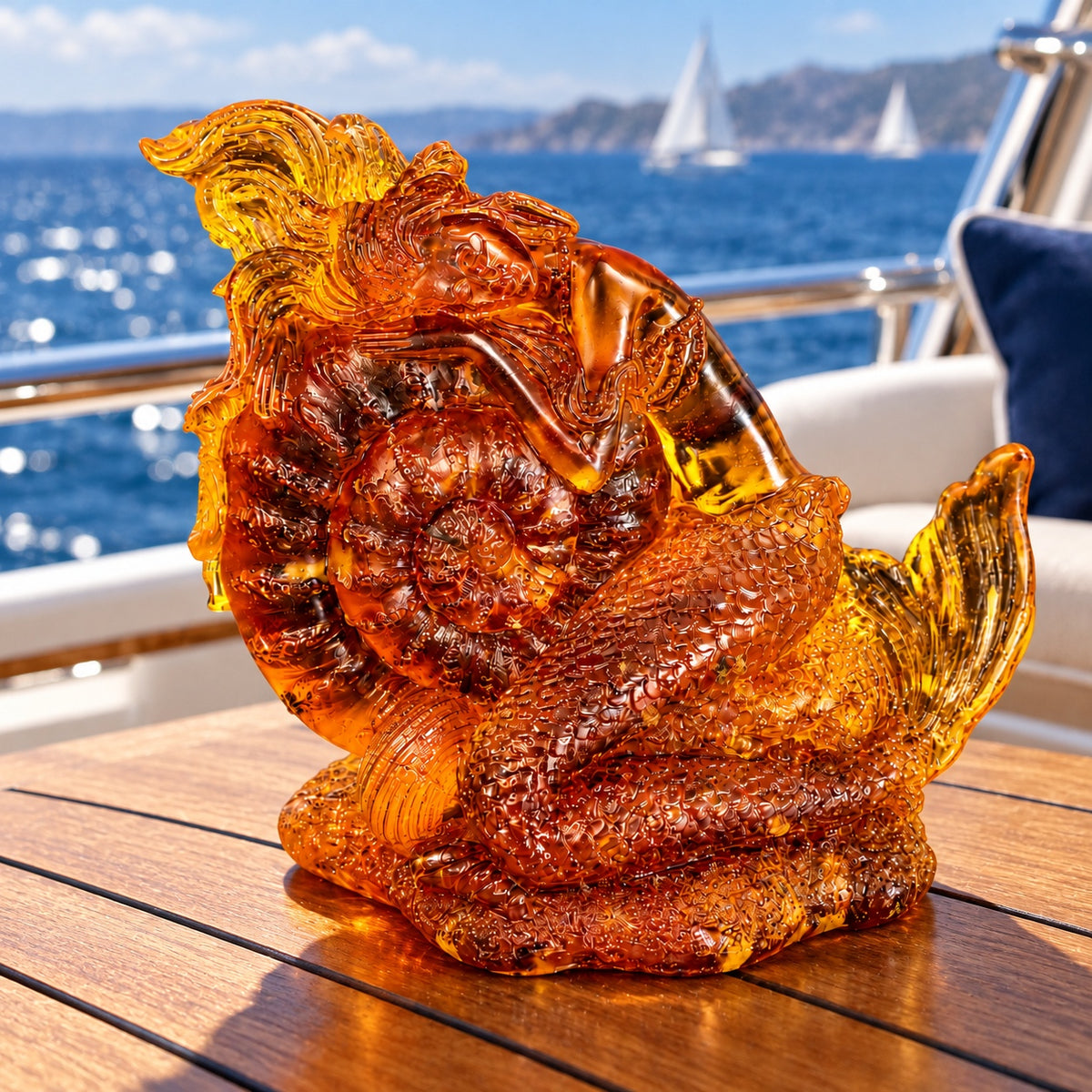 KIZIMA Mermaid and nautilus figurine 53Mermaidq280-3-5-5 on a teak yacht table with blue sea in the background.