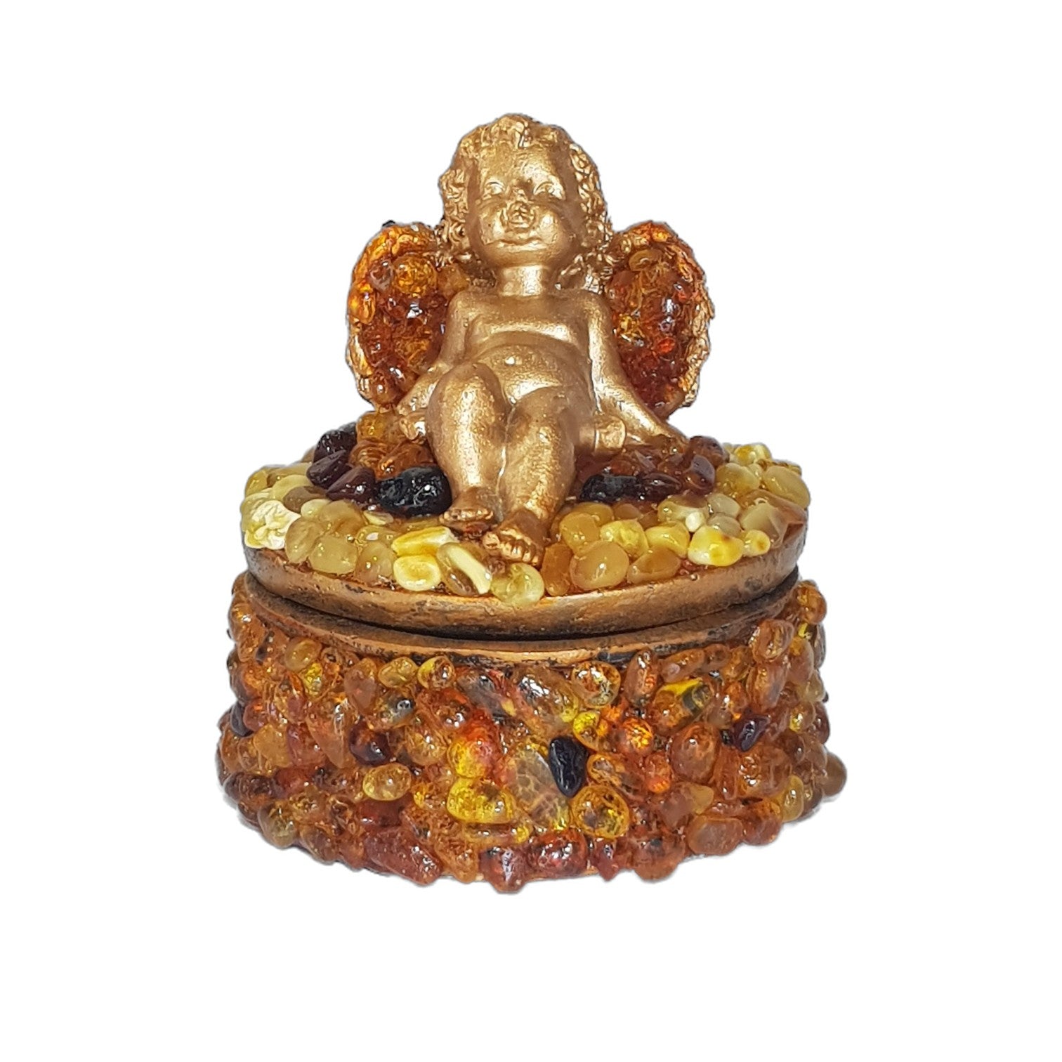 Handmade Amber Jewelry Box Angel | Round Ceramic Box with Natural Baltic Amber | Luxury Gift for Her | KIZIMA USA