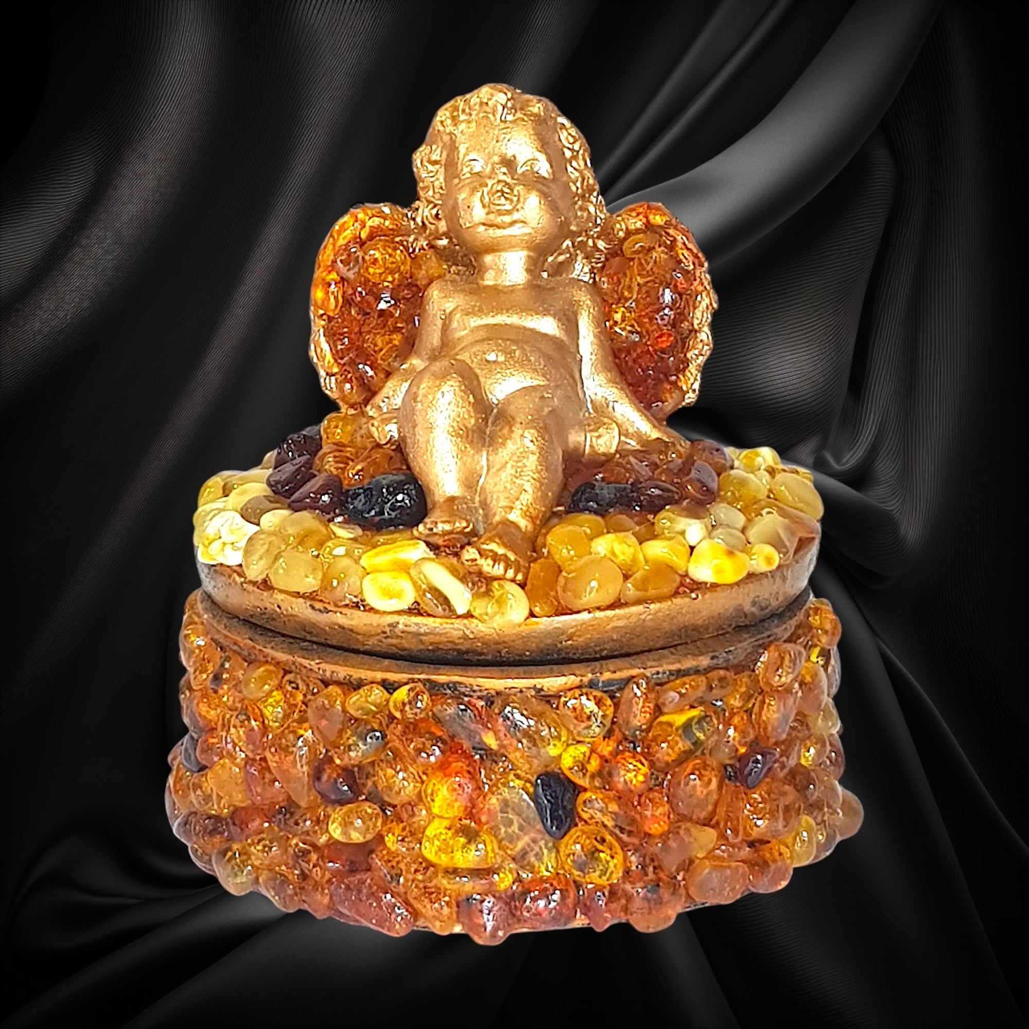 Handmade Amber Jewelry Box Angel | Round Ceramic Box with Natural Baltic Amber | Luxury Gift for Her | KIZIMA USA