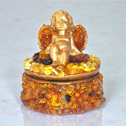 Handmade Amber Jewelry Box Angel | Round Ceramic Box with Natural Baltic Amber | Luxury Gift for Her | KIZIMA USA