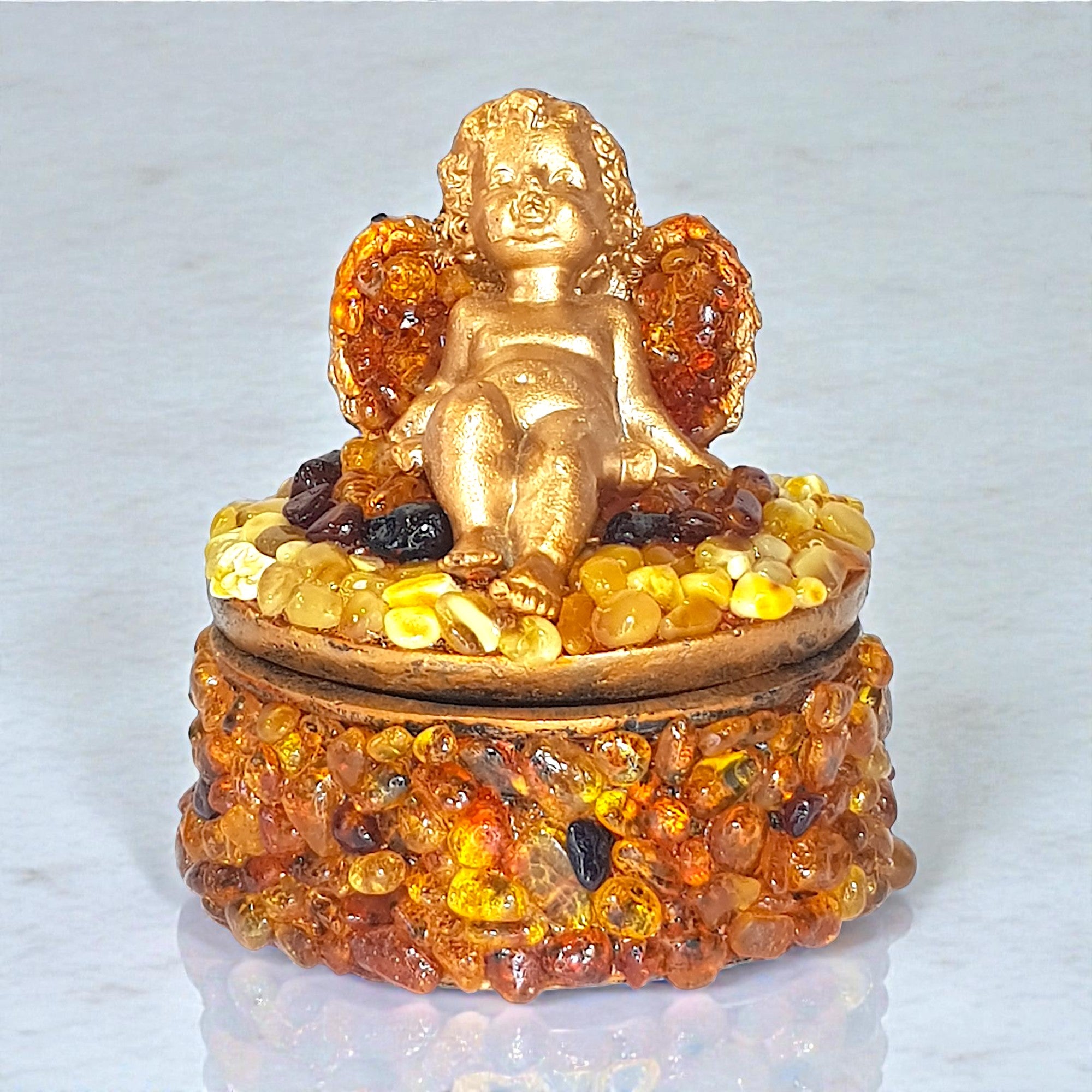 Handmade Amber Jewelry Box Angel | Round Ceramic Box with Natural Baltic Amber | Luxury Gift for Her | KIZIMA USA