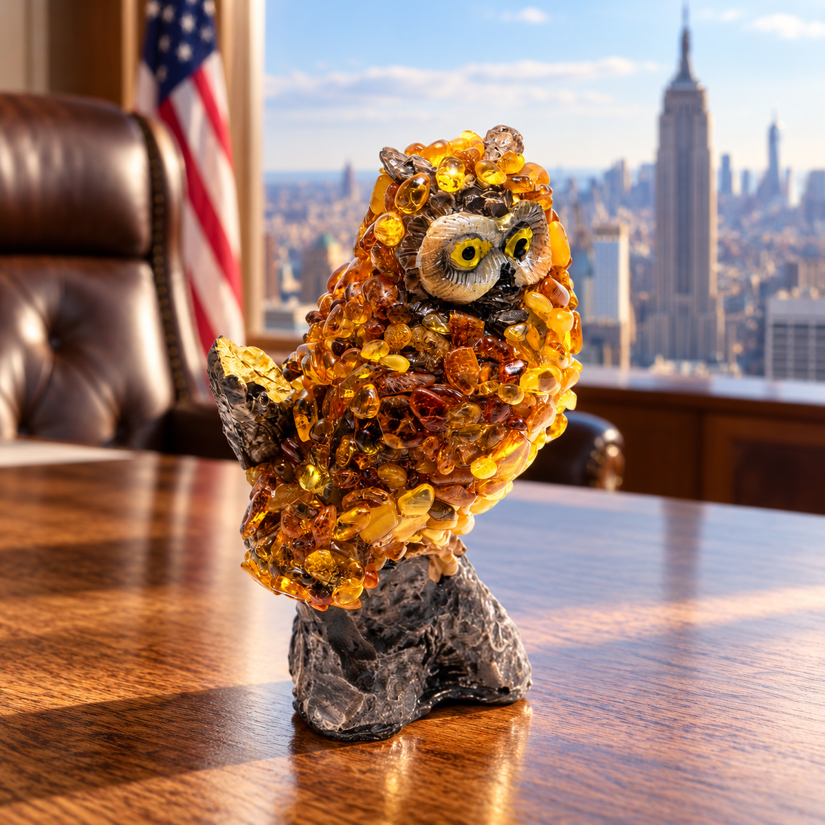 KIZIMA 5598742O amber owl figurine shown close-up on an oak desk in a luxury Manhattan office setting.