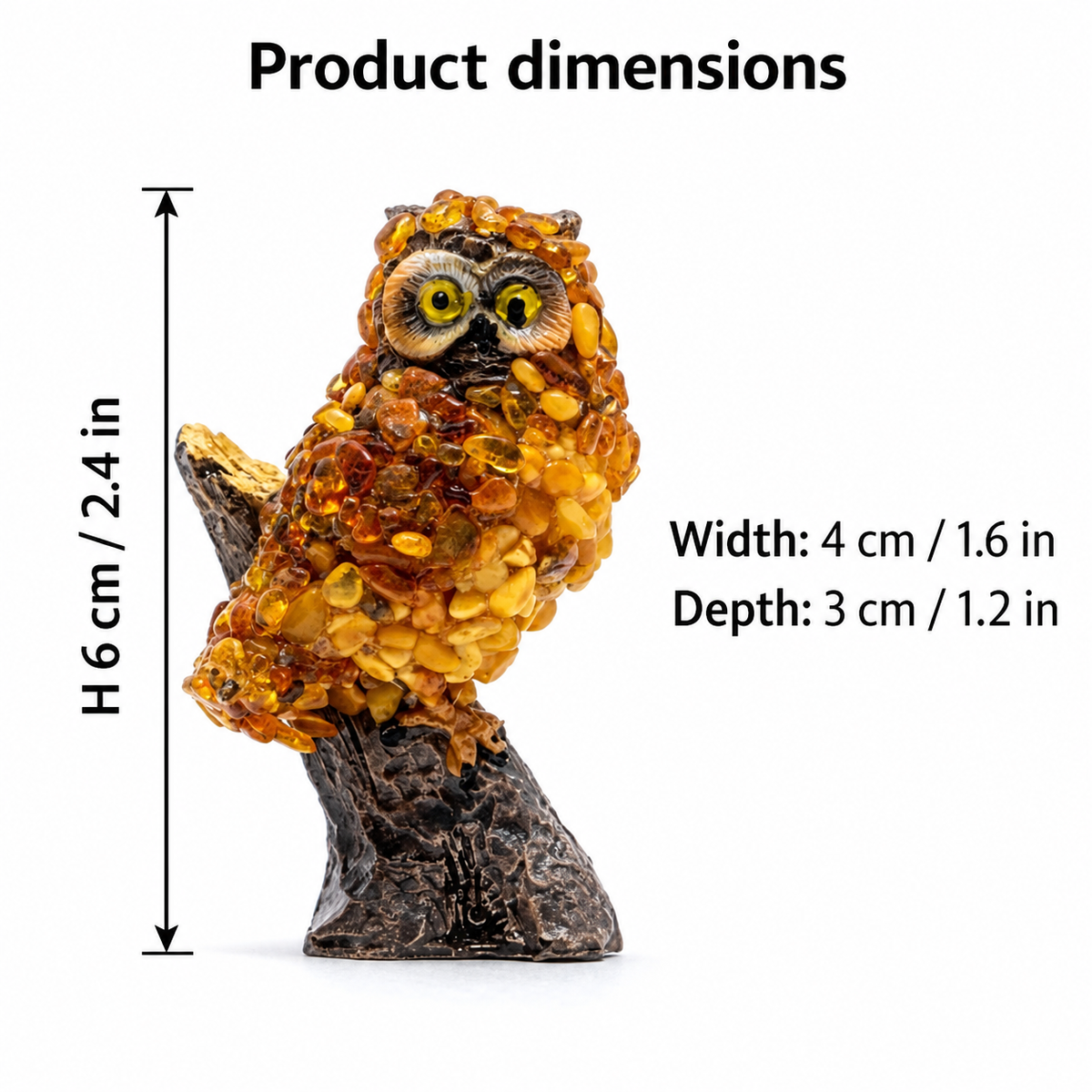 KIZIMA 5598742O amber owl on a branch, dimensions: height 6 cm (2.4 in), width 4 cm (1.6 in), depth 3 cm (1.2 in).