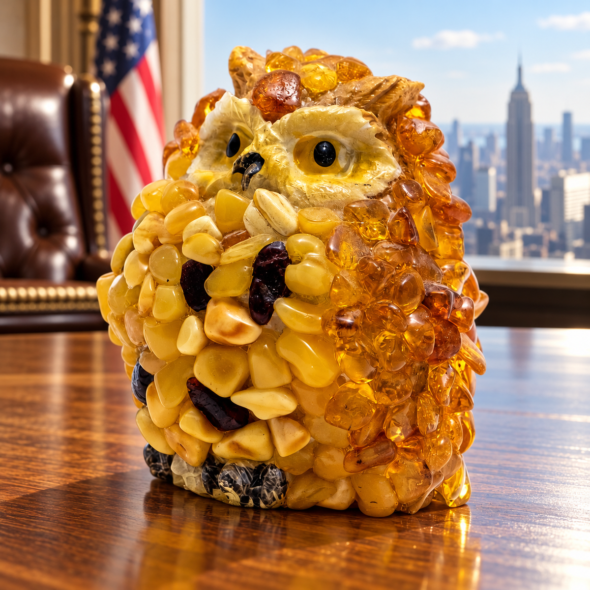 KIZIMA 5598751O amber owl figurine shown close-up on an oak desk in a luxury Manhattan office setting.