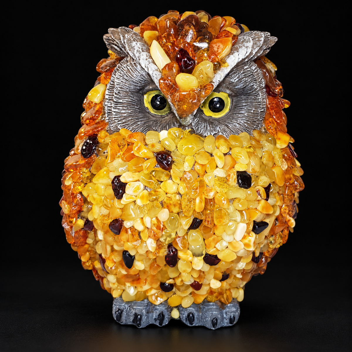 KIZIMA 5598752O amber owl figurine, complete product on a black studio background.