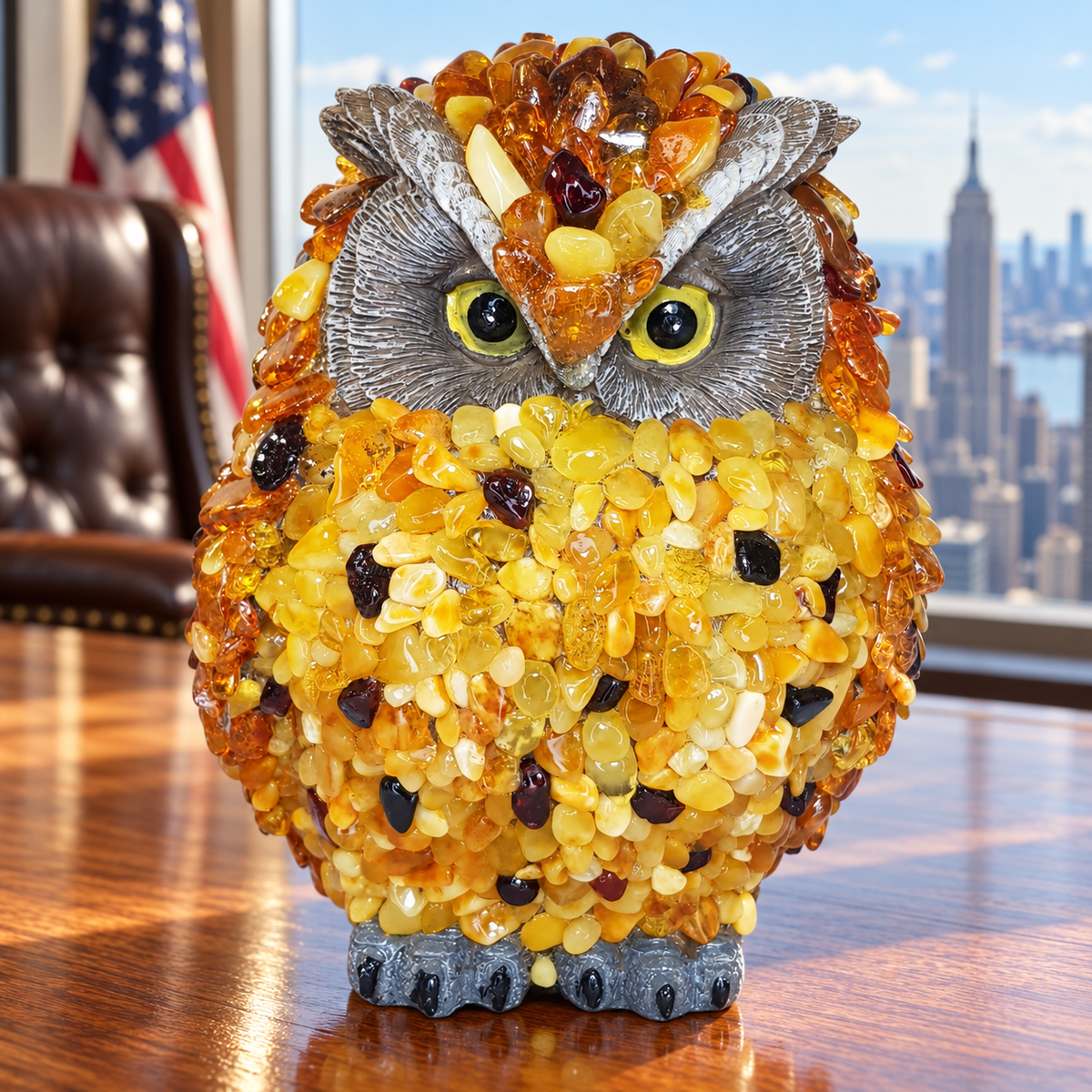 KIZIMA 5598752O amber owl figurine shown close-up on an oak desk in a luxury Manhattan office setting.