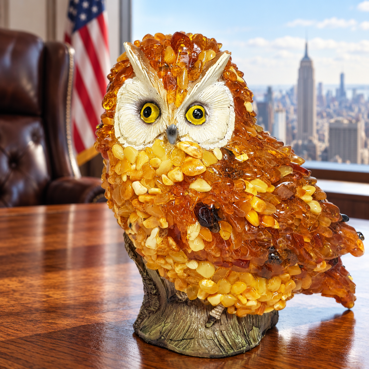 KIZIMA 5598837O amber owl figurine shown close-up on an oak desk in a luxury Manhattan office setting.