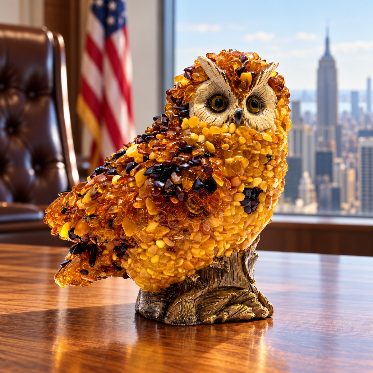 KIZIMA 5598841O amber owl figurine shown close-up on an oak desk in a luxury Manhattan office setting.