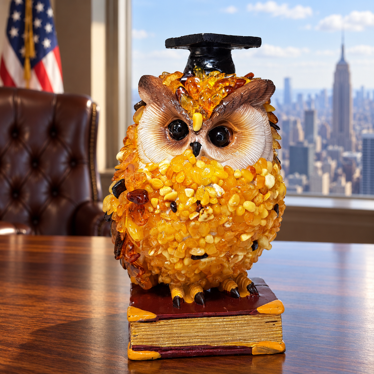 KIZIMA 5598842O amber owl figurine shown close-up on an oak desk in a luxury Manhattan office setting.