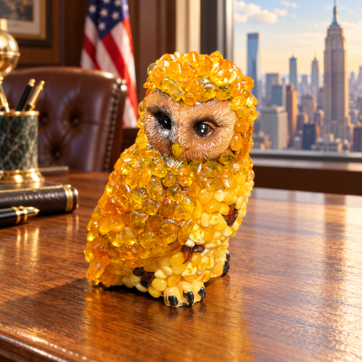 KIZIMA 5598846O golden amber owl on an oak desk in a Manhattan office with an American flag, updated October 2026.