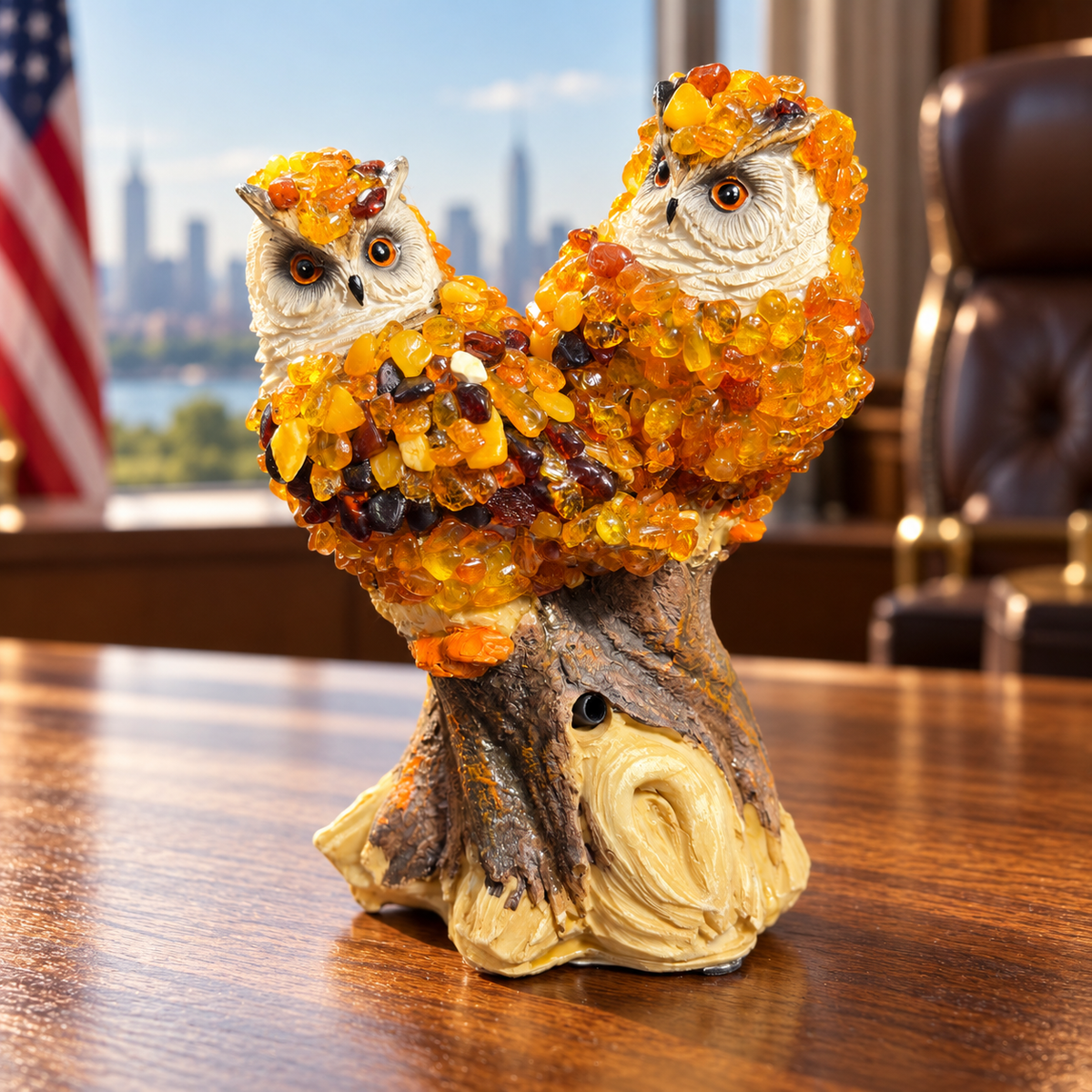 Two Baltic amber musical owls on a tree stump on an oak desk in a premium American office; actual product reference — KIZIMA®