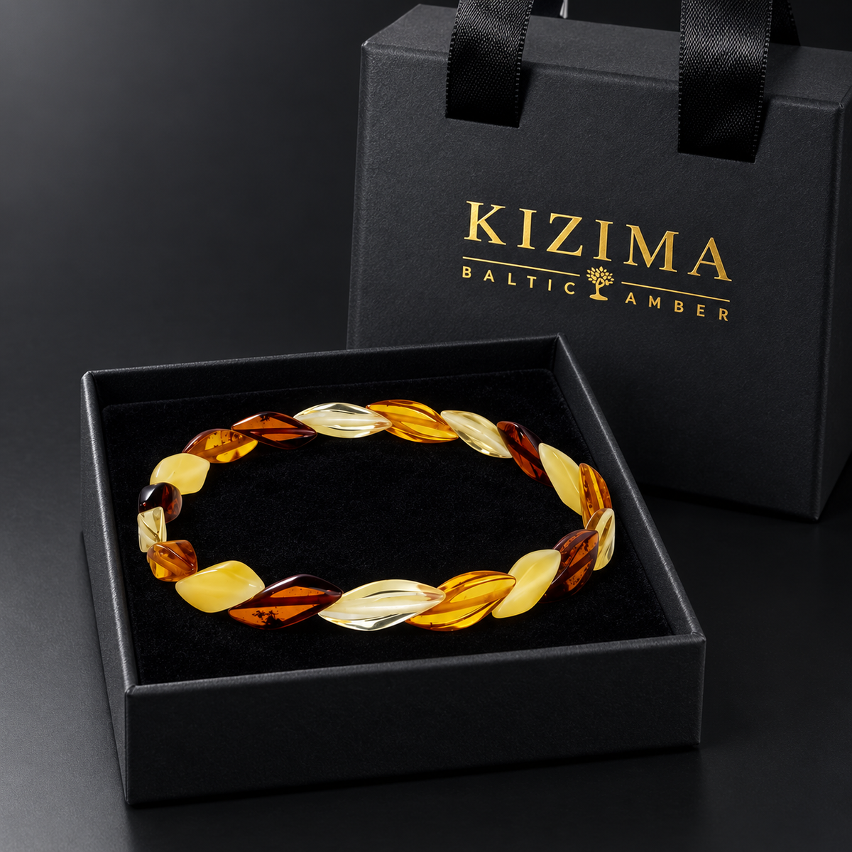 KIZIMA 5598877.1 nineteen-leaf multicolor Baltic amber bracelet in the KIZIMA black velvet gift box.