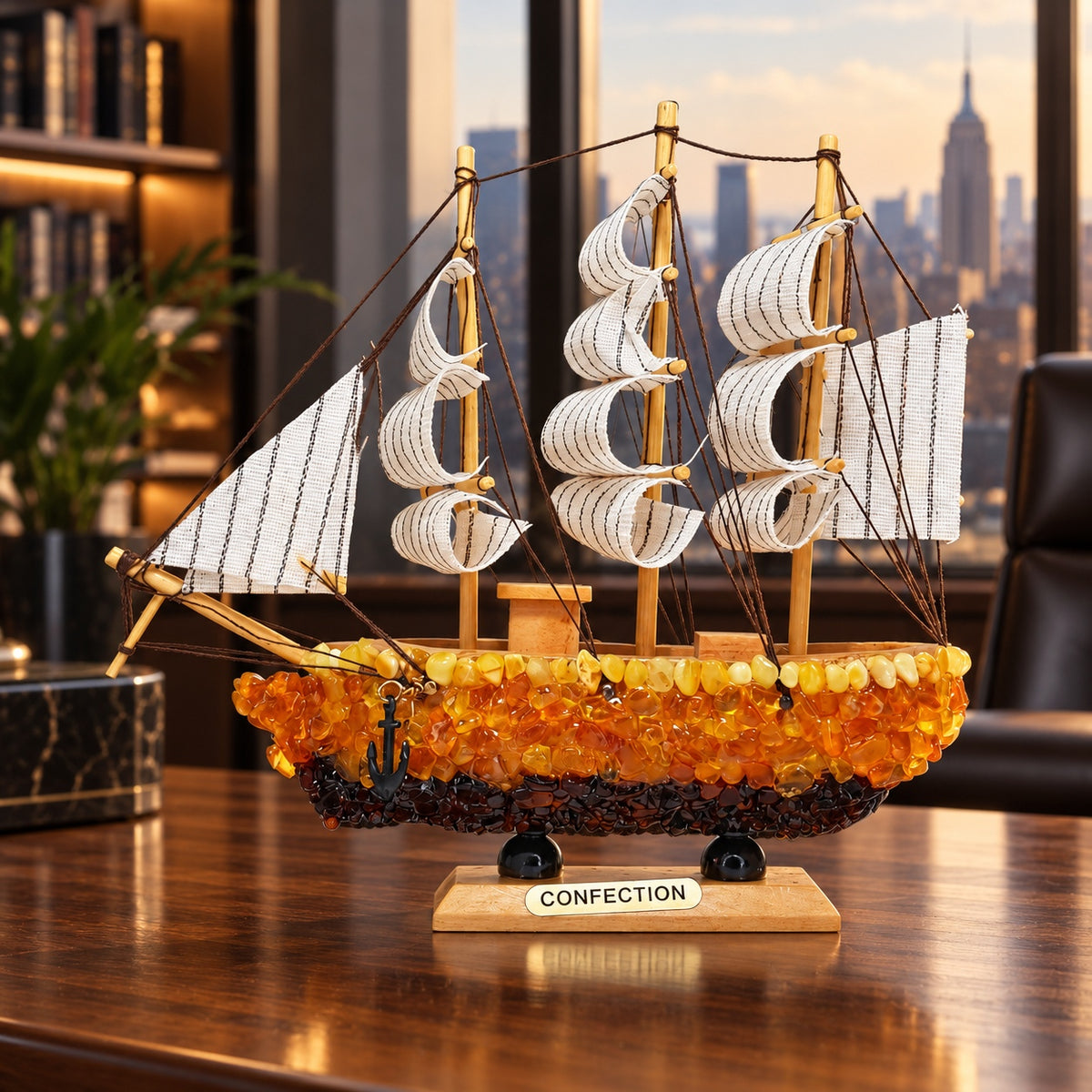 KIZIMA Sailing ship model 5599267 on a walnut desk in a Manhattan executive office.