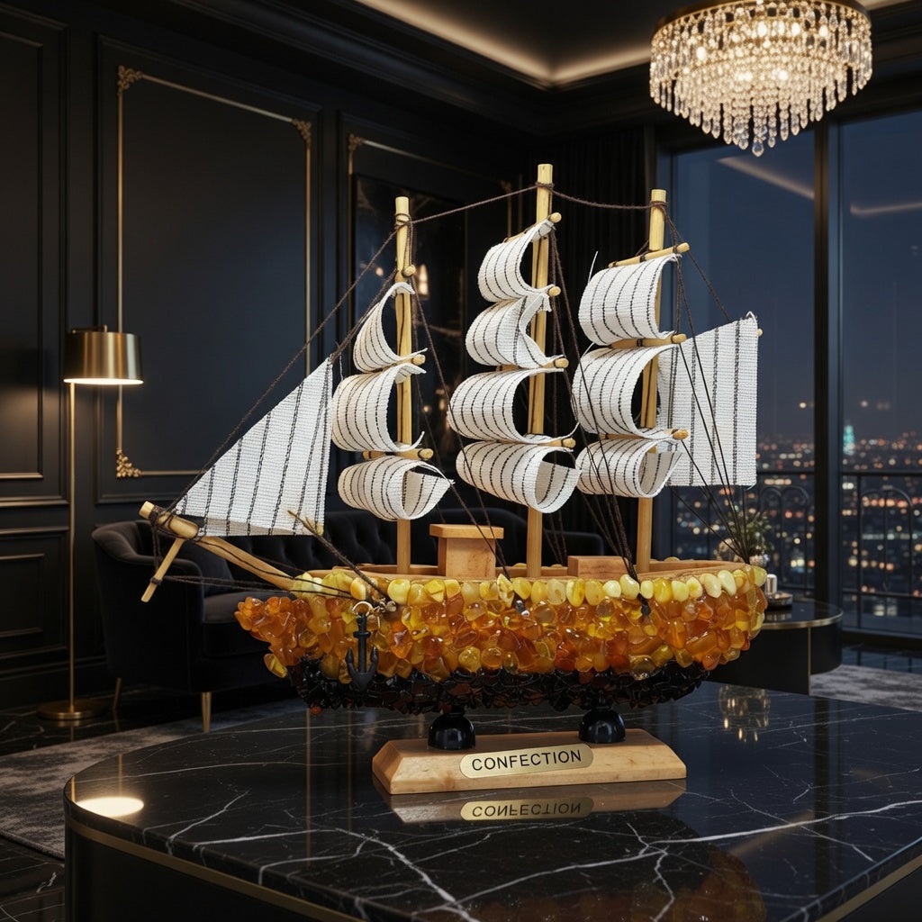 Bateau ambre Made in USA. Les artistes de KIZIMA fabriquent ce bateau ambre en bois à la main