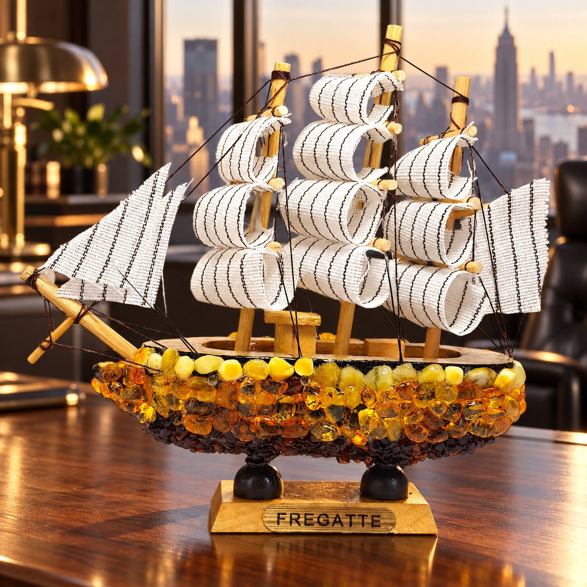KIZIMA Frigate ship model 5599268 on a walnut desk in a Manhattan executive office.