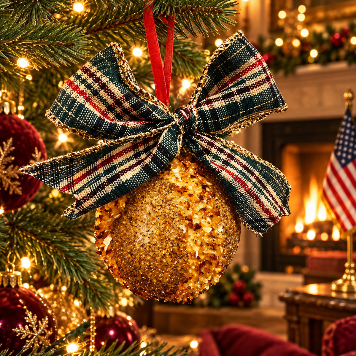 Amber Christmas ball with a dark green, cream and red plaid bow hanging from a fir branch, with warm fairy lights, fireplace and American flag.