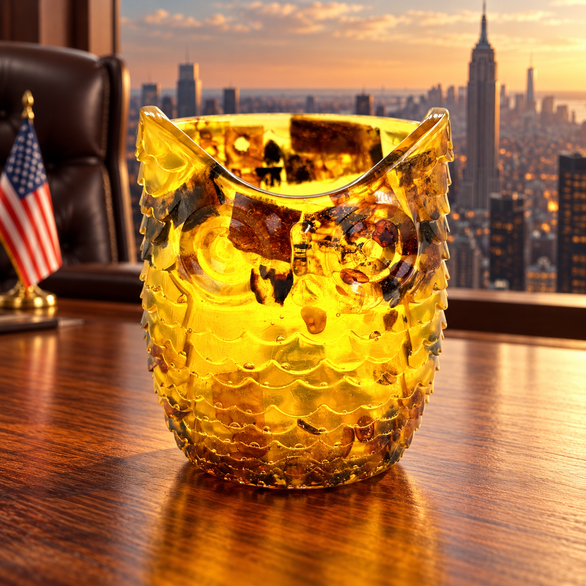 KIZIMA 56K001q118: Baltic amber owl motif vase, on an oak desk with leather executive chair, US flag and uninterrupted Manhattan view