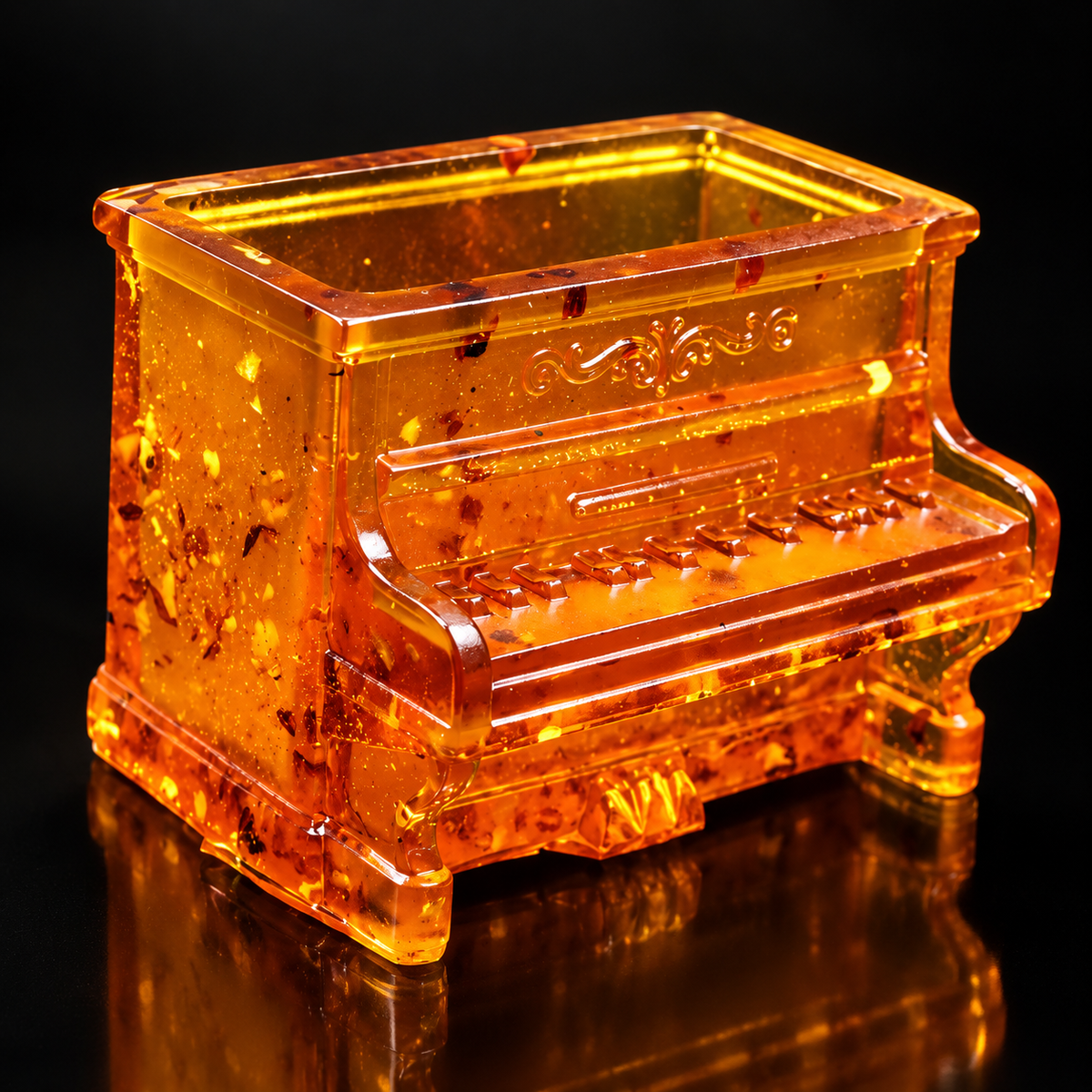 Upright Piano Baltic Amber Figurine by KIZIMA® — genuine natural Baltic amber music gift, handmade in USA, side view