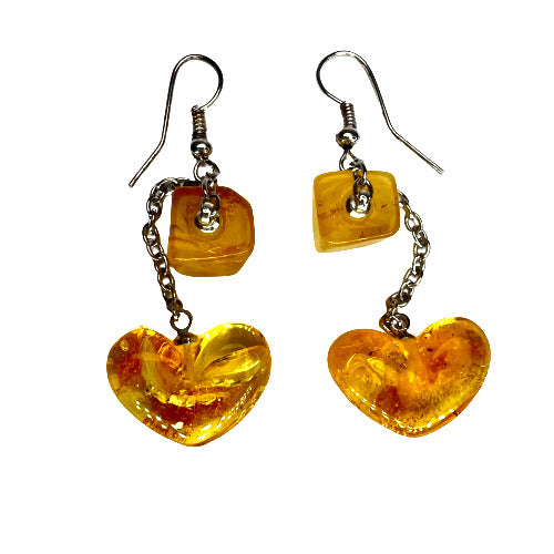 Amber Heart Earrings by KIZIMA USA – Natural Baltic Amber Dangle Earrings — Cube & Heart Shape, Faceted Diamond Cut, Handmade Gift for Her