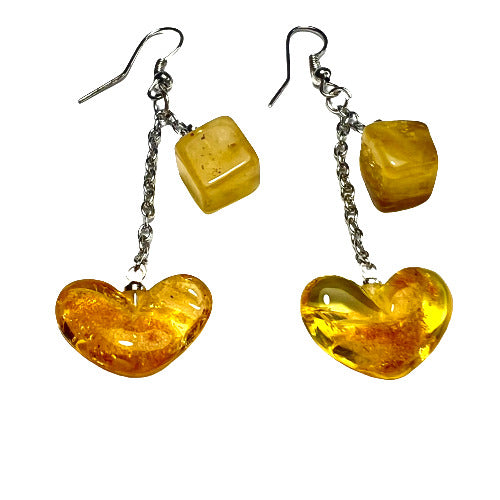 Amber Heart Earrings by KIZIMA USA – Natural Baltic Amber Dangle Earrings — Cube & Heart Shape, Faceted Diamond Cut, Handmade Gift for Her
