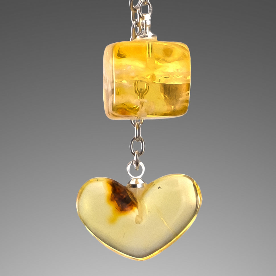Amber Heart Earrings by KIZIMA USA – Natural Baltic Amber Dangle Earrings — Cube & Heart Shape, Faceted Diamond Cut, Handmade Gift for Her