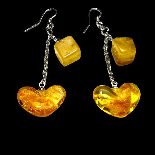 Amber Heart Earrings by KIZIMA USA – Natural Baltic Amber Dangle Earrings — Cube & Heart Shape, Faceted Diamond Cut, Handmade Gift for Her