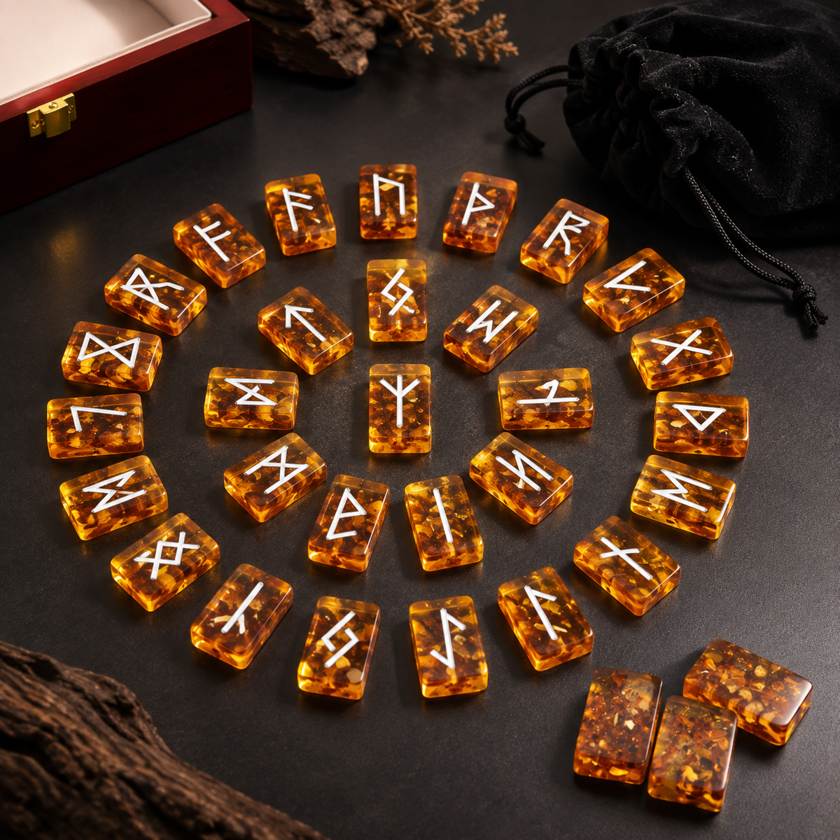Baltic Amber Rune Set by KIZIMA® — genuine natural Baltic amber rune stones, handmade in USA, detail view