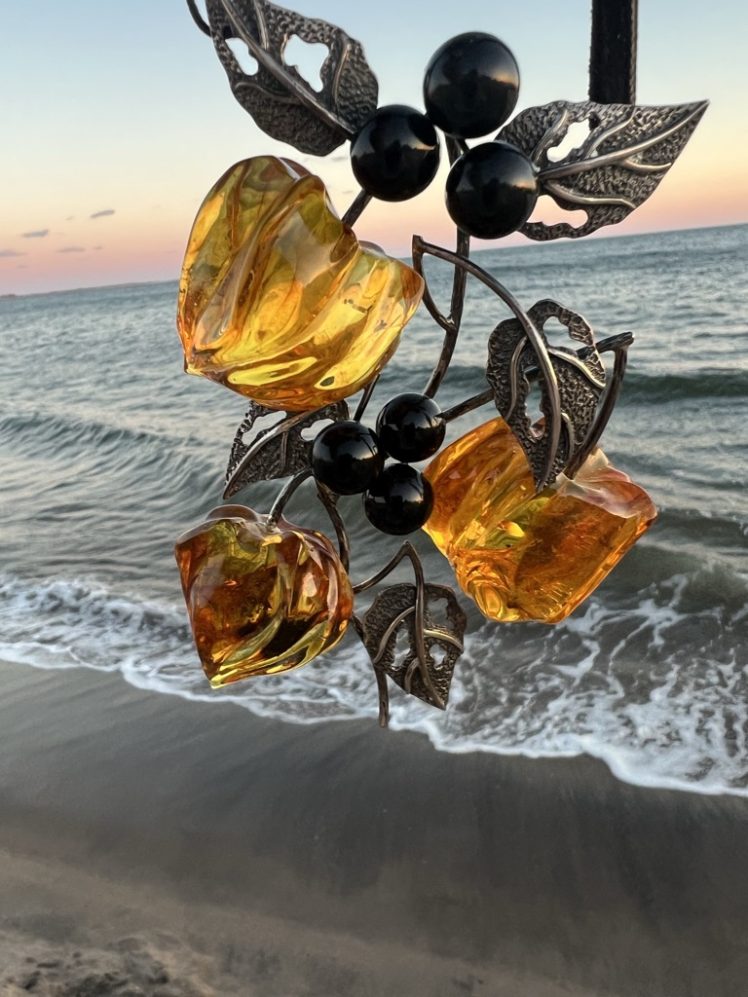 Handmade Baltic Amber Necklace with Silver – KIZIMA USA | Large Carved Amber Blossoms & Silver Leaves