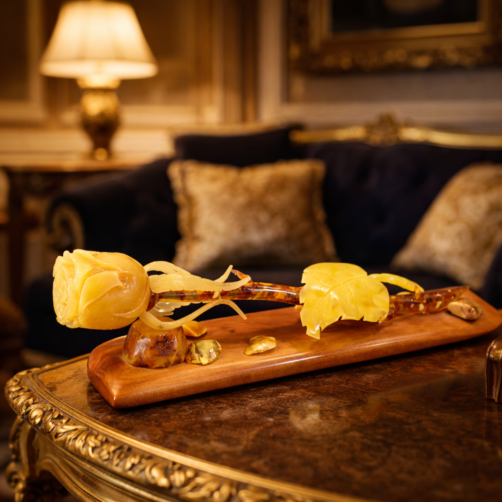 Luxury Amber Rose: Solid Stone on Mahogany