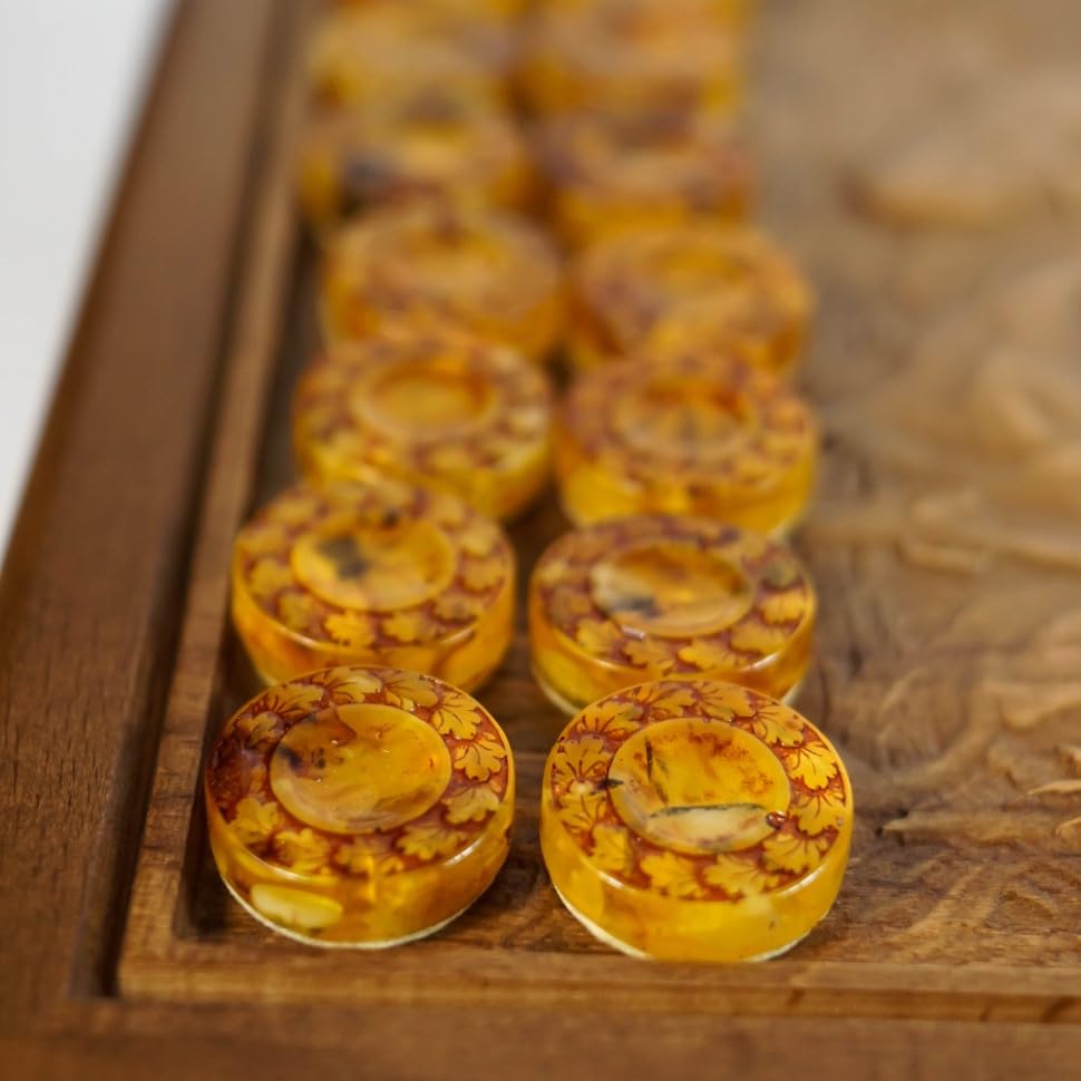 USA Handmade Board Game Backgammon made of Amber and resin in a Wooden case hunters at a halt KIZIMA