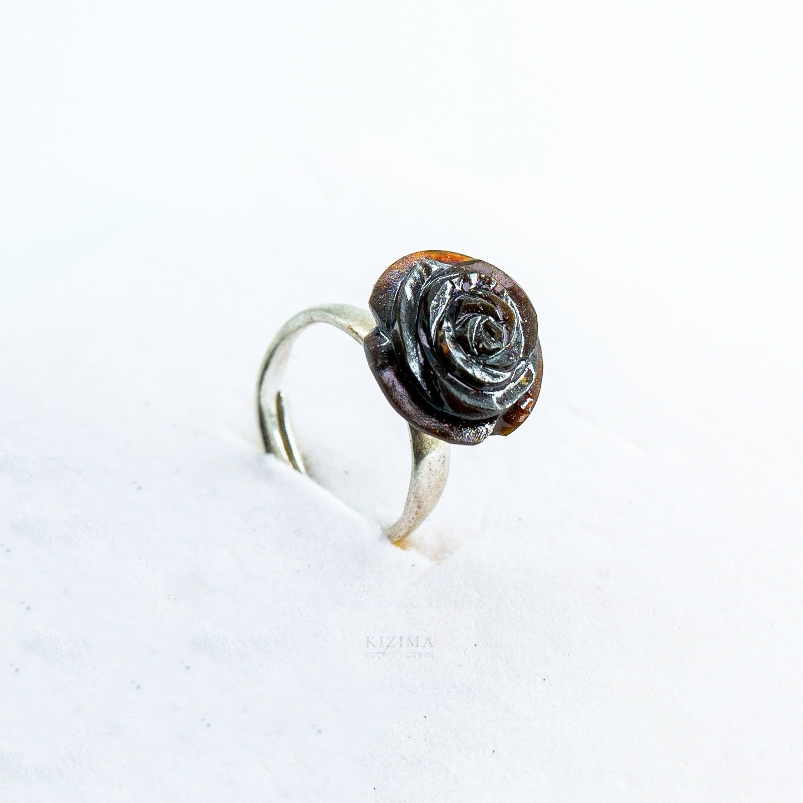 Certified Handmade Natural Dark Red Amber Rose Ring Authors design