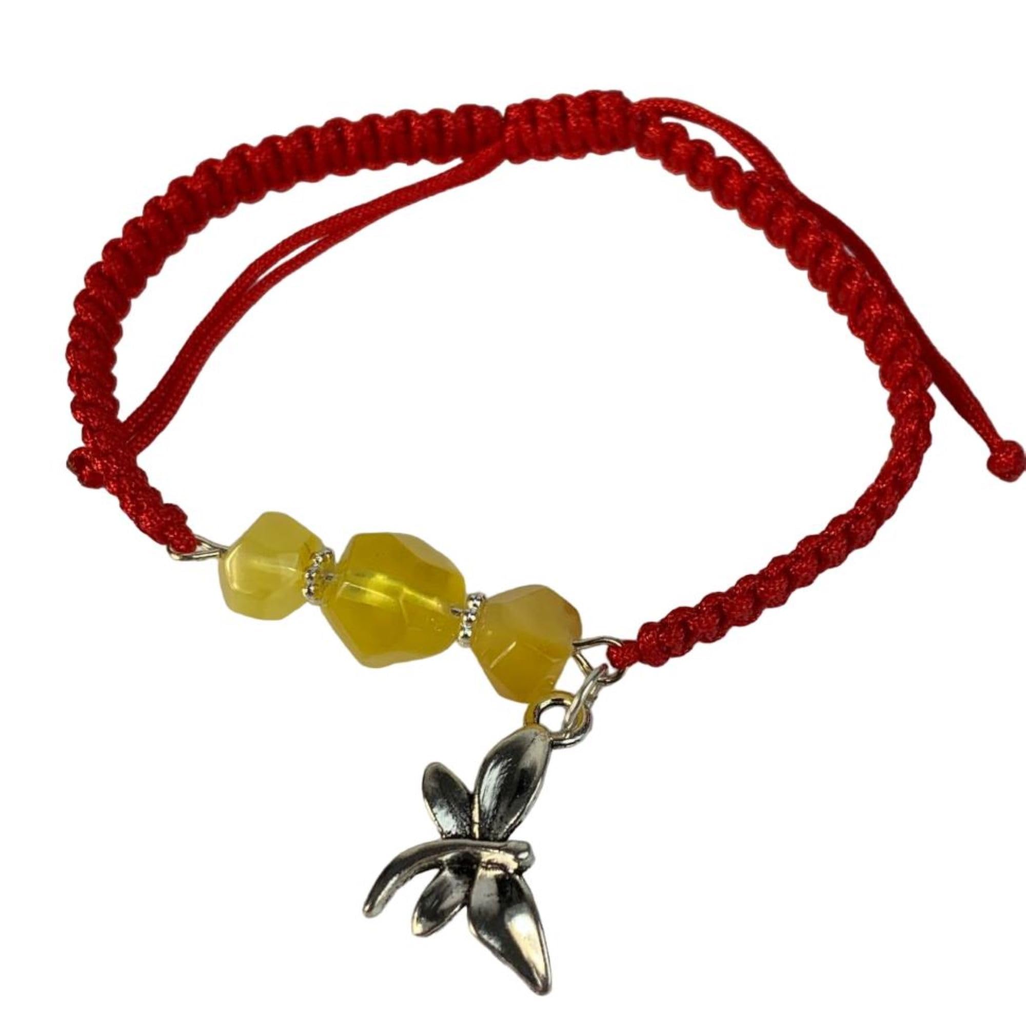 Natural Baltic amber red thread bracelet, protection, by KIZIMA® — handmade in USA, front view