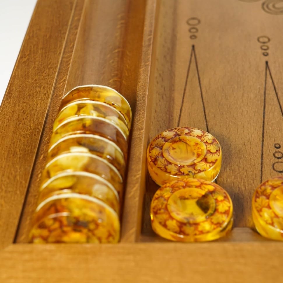 USA Handmade Board Game Backgammon made of Amber and resin in a Wooden case hunters at a halt KIZIMA