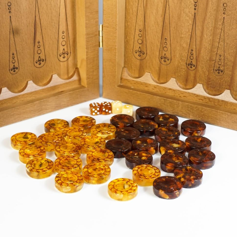 USA Handmade Board Game Backgammon made of Amber and resin in a Wooden case hunters at a halt KIZIMA
