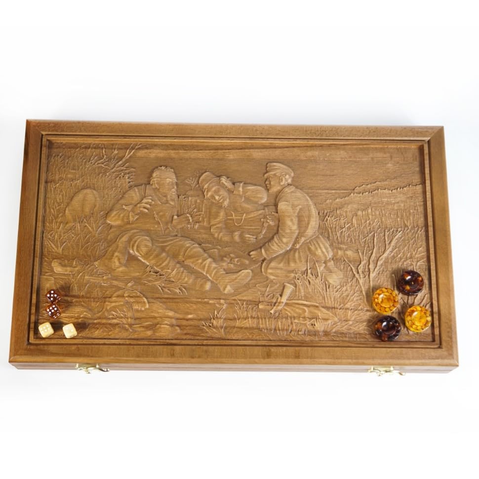 USA Handmade Board Game Backgammon made of Amber and resin in a Wooden case hunters at a halt KIZIMA