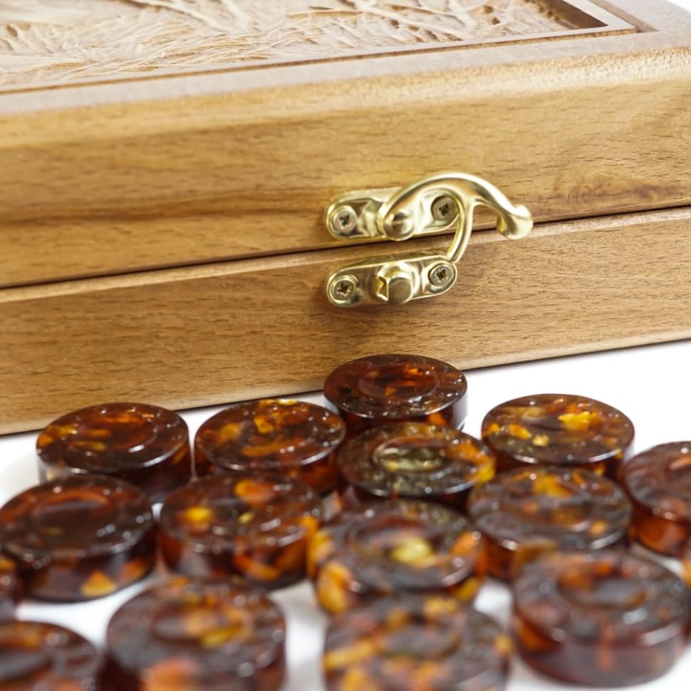 USA Handmade Board Game Backgammon made of Amber and resin in a Wooden case hunters at a halt KIZIMA