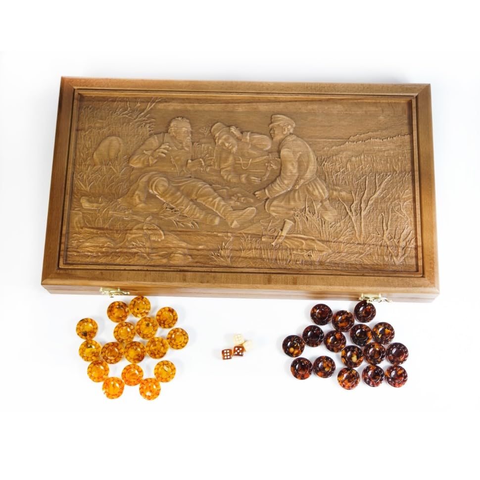 USA Handmade Board Game Backgammon made of Amber and resin in a Wooden case hunters at a halt KIZIMA