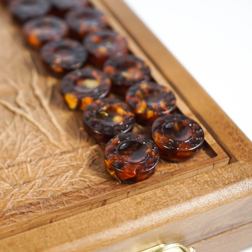 USA Handmade Board Game Backgammon made of Amber and resin in a Wooden case hunters at a halt KIZIMA