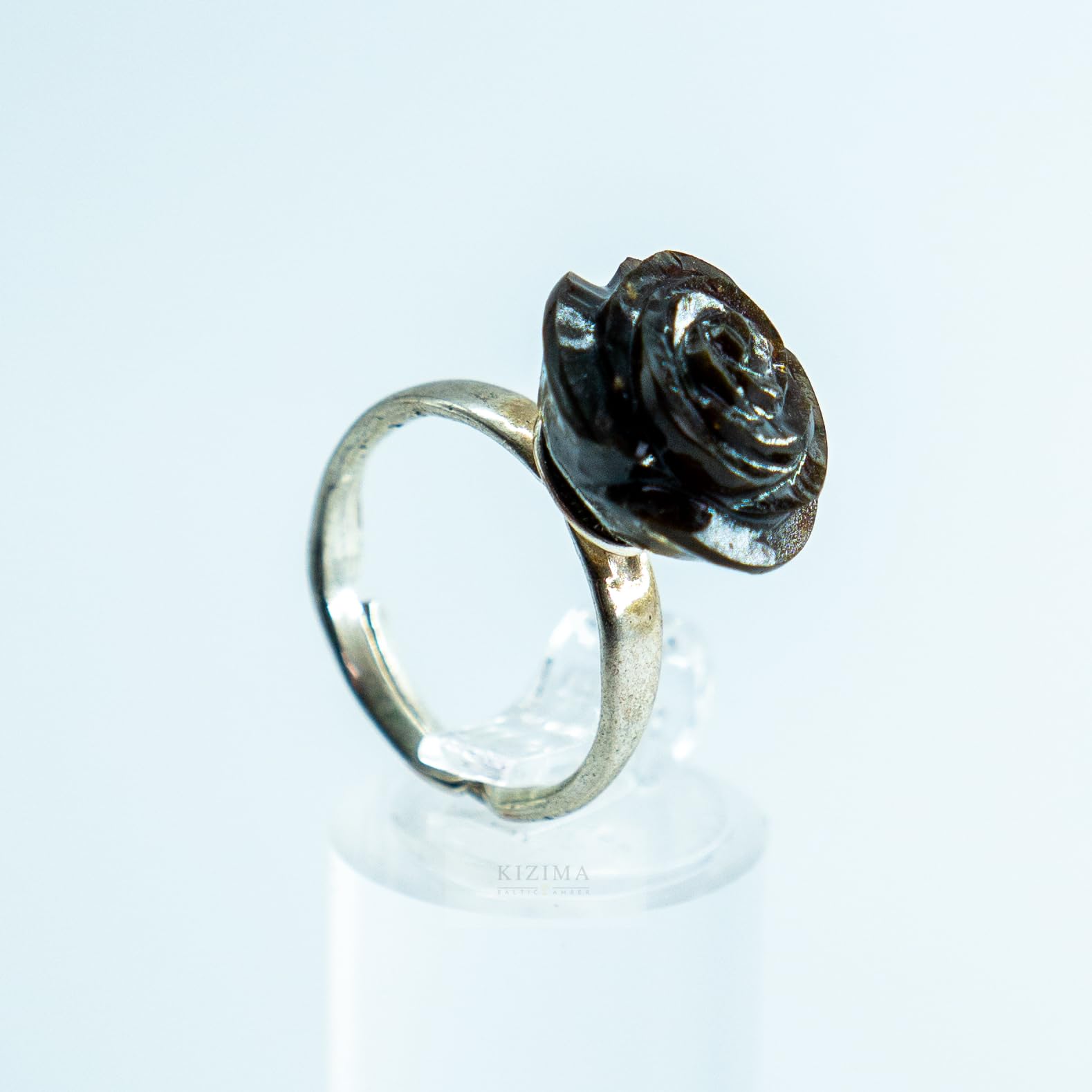 Certified Handmade Natural Dark Red Amber Rose Ring Authors design