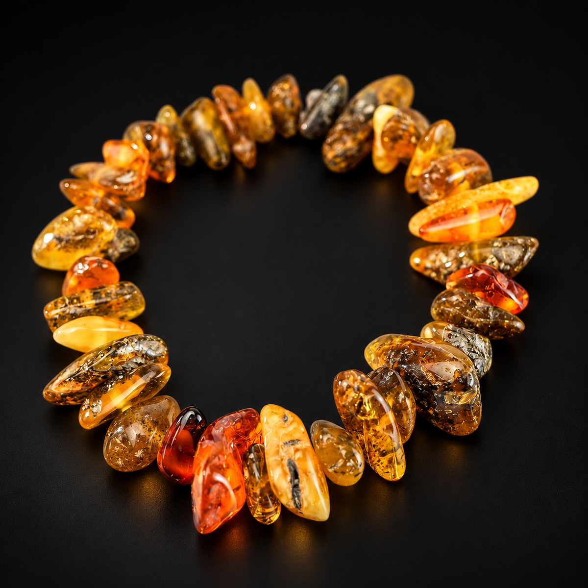 KIZIMA multicolor polished amber nugget stretch bracelet under premium black studio lighting.