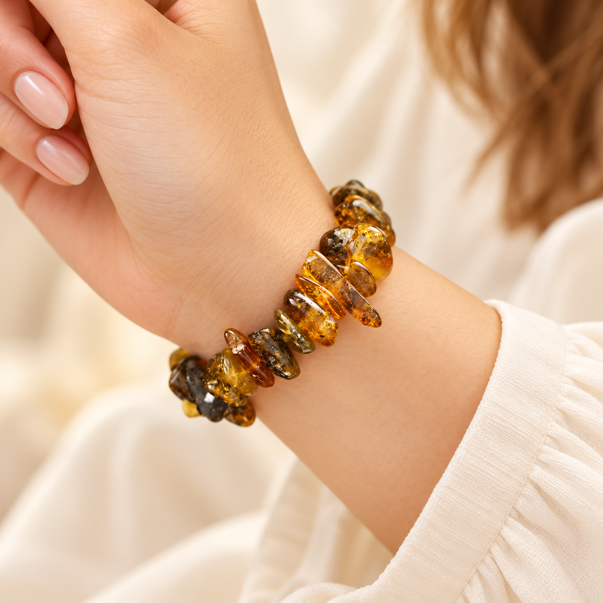 Polished honey and olive amber nugget bracelet worn on a young adult woman's wrist.