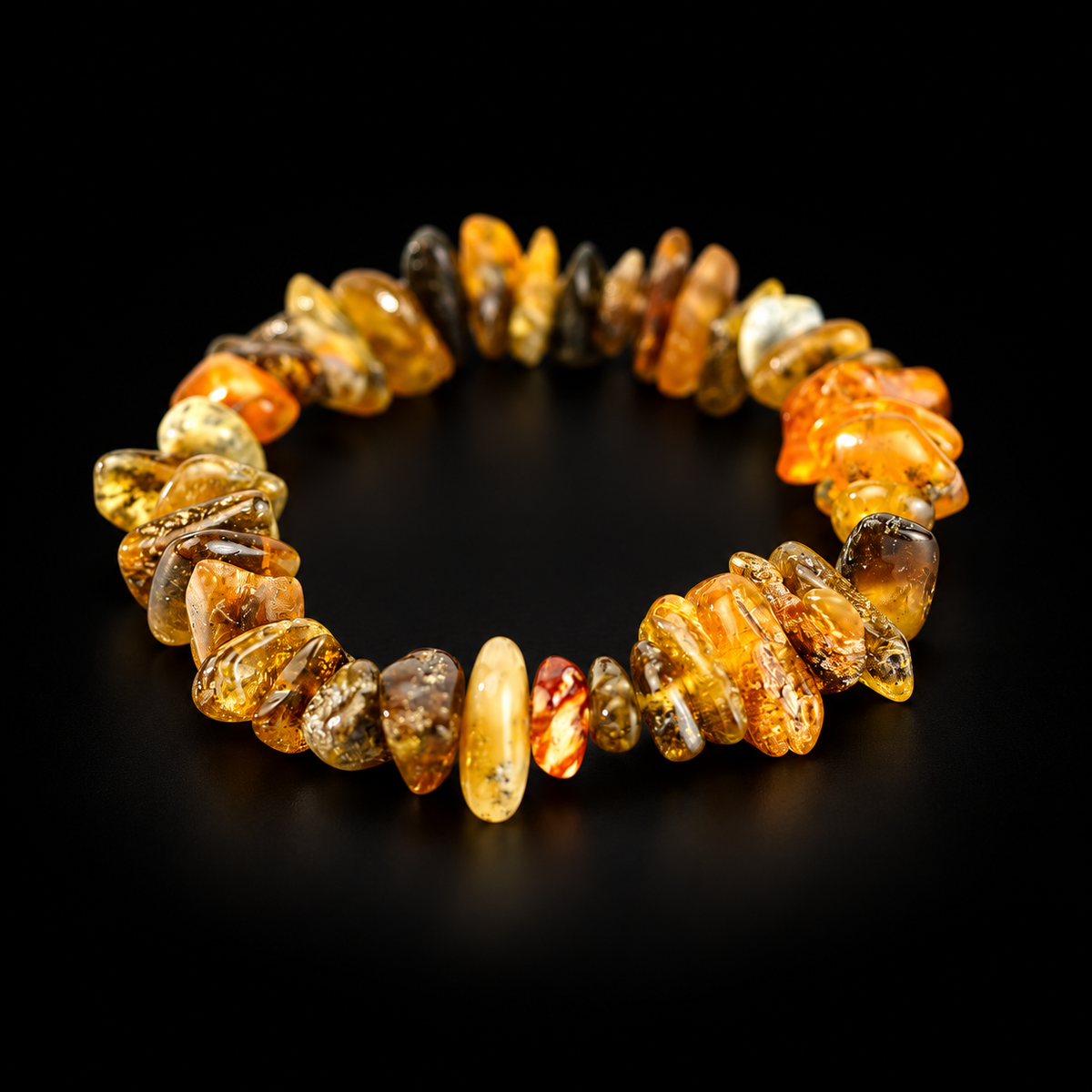KIZIMA honey and olive amber nugget bracelet with cream and cognac accents on black.