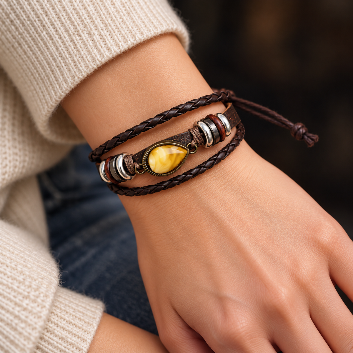 KIZIMA 662987478731 yellow amber teardrop multi-strand brown leather bracelet worn on an adult woman's wrist